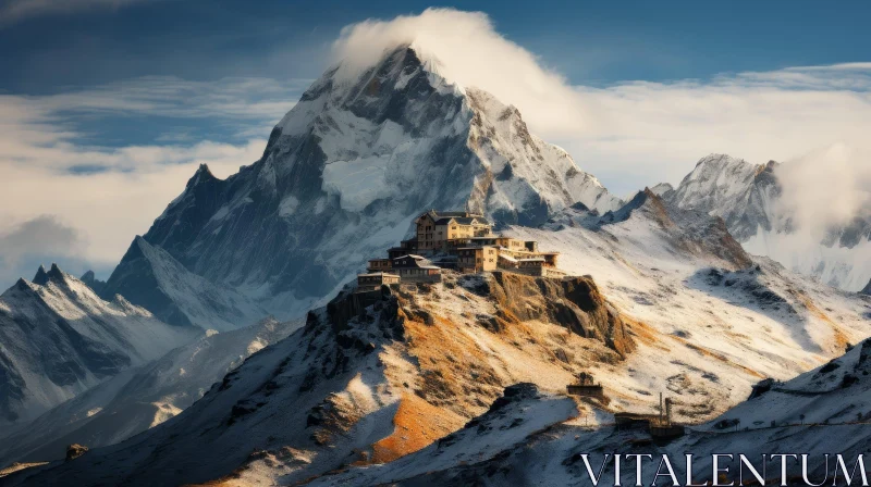 AI ART Snow-Capped Mountain Building Scene