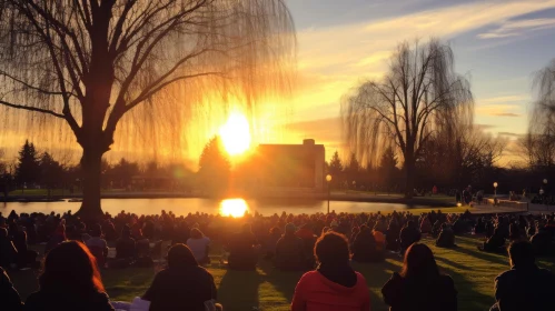 Sunset Gathering: A Serene Landscape of Students and Nature