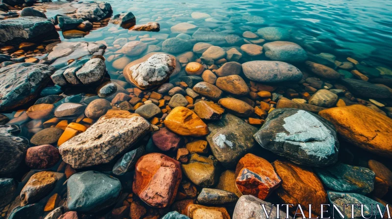 Tranquil Beauty: A Mesmerizing Top-Down View of Rocks and Pebbles in a Crystal Clear Lake AI Image