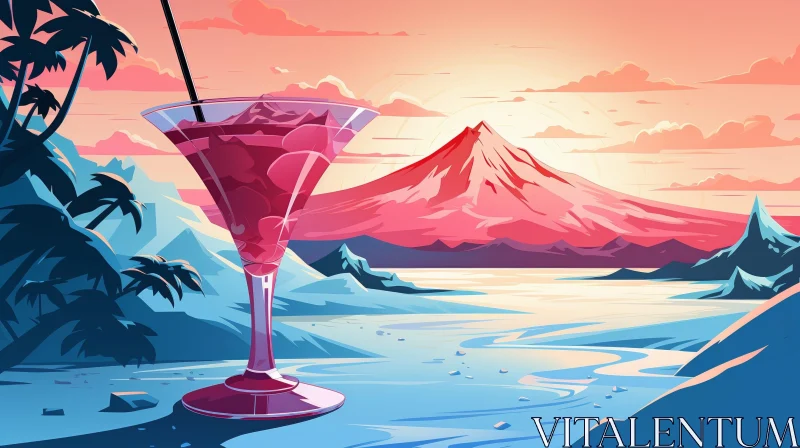 Tropical Beach Sunset Digital Painting AI Image