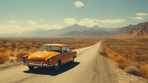 Vintage Car Driving on Desert Road with Mountains - Nostalgic Scene