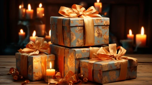 Warm Glow of Celebration: Festive Gifts on Wooden Table