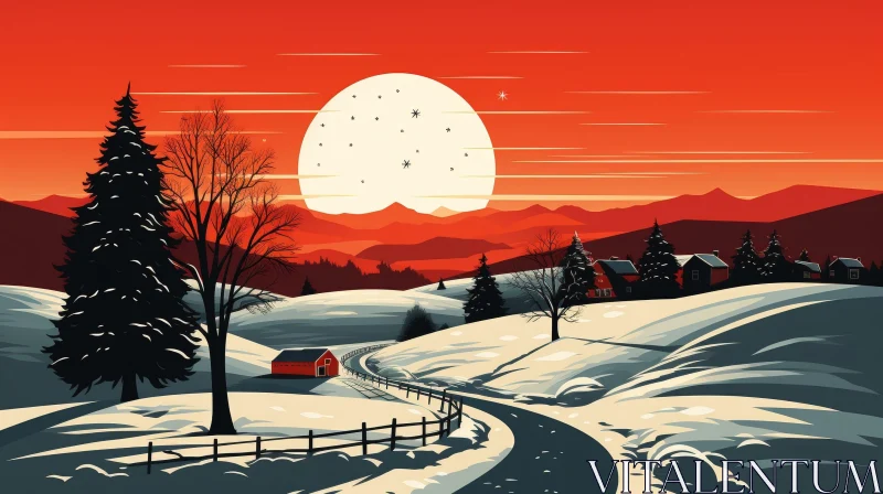Winter Landscape with Snow-Covered Field and Mountain Range