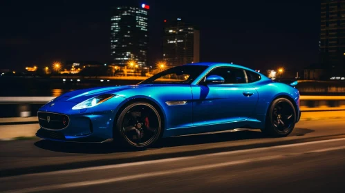Blue Jaguar F-Type Night Scene Driving - Cityscape Background