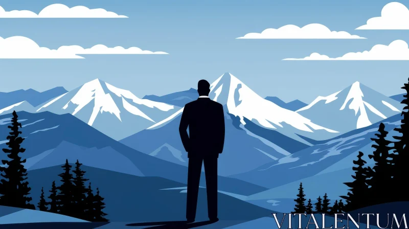 Businessman on Mountaintop - Snowy Mountain Range View AI Image
