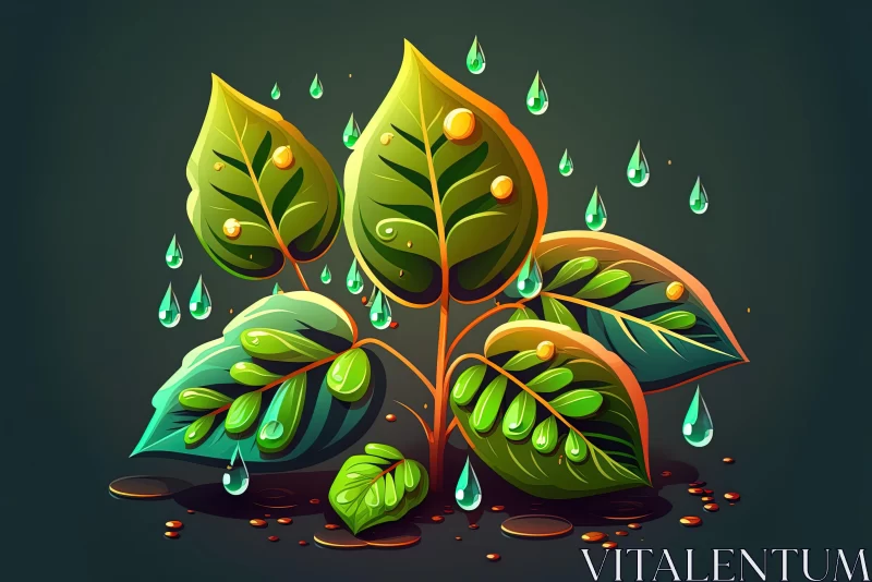 Cartoon Leaves with Rain Drops on Black Background - Vibrant Illustration AI Image