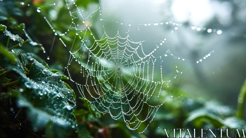 Close-up Spider Web with Dew Drops on Green Leaves Background AI Image