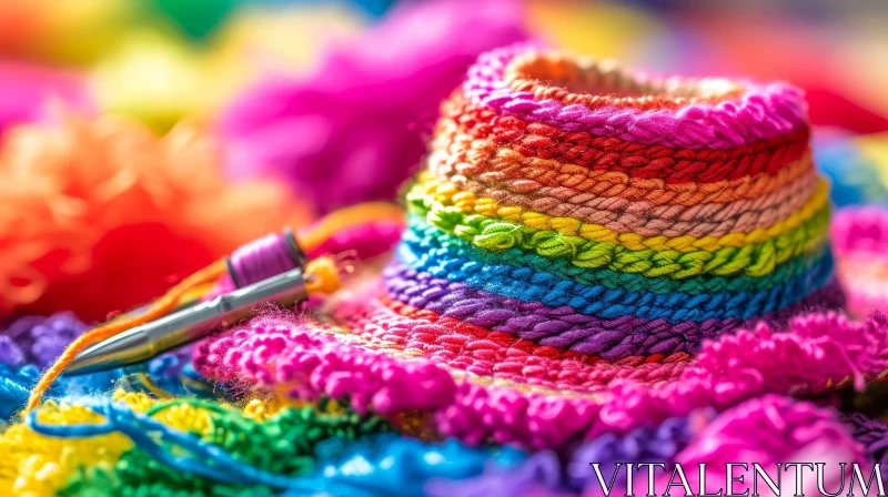Colorful Knitted Hat | Rainbow Yarn | Close-up Abstract Art AI Image