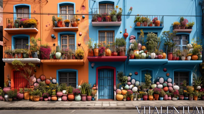 Colorful Mediterranean Buildings with Potted Plants - Maximalism and Cityscapes AI Image