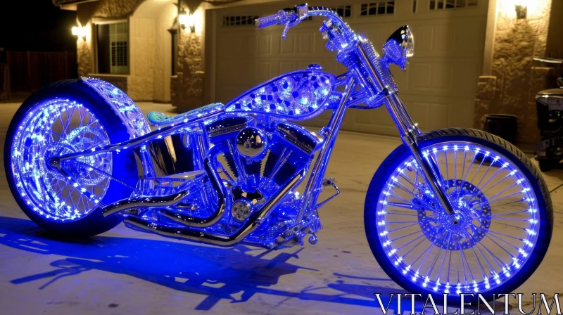 Custom Chopper-Style Motorcycle | Blue and Chrome | Unique Design AI Image