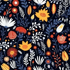 Dark Blue Floral Pattern - Colorful Flowers and Leaves Design