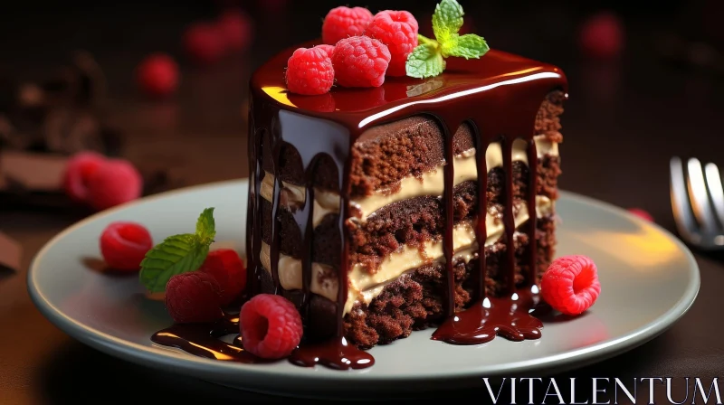AI ART Decadent Chocolate Cake with Raspberries and Mint - Indulgent Dessert