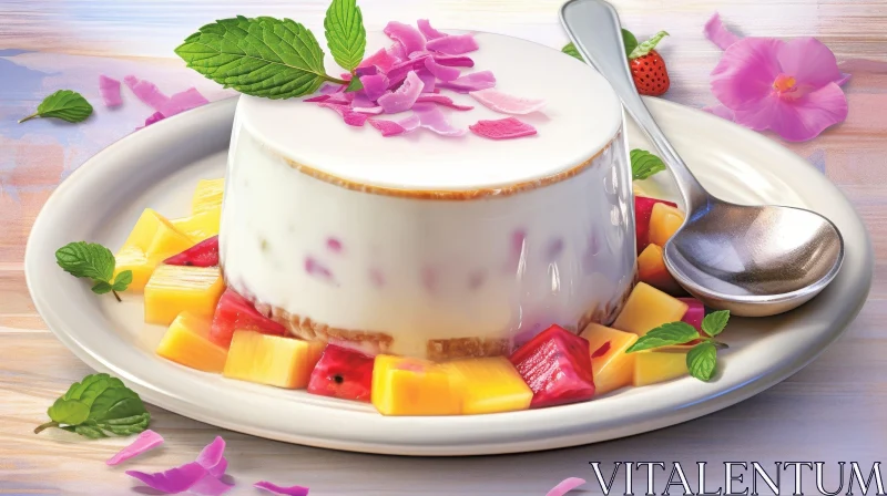 AI ART Delicious Panna Cotta with Fruit Salad and Edible Flowers