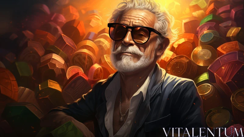 AI ART Elderly Man with White Hair and Beard Surrounded by Gold Coins