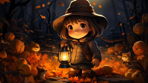 Enchanting Autumn Forest Scene with Girl in Witch Hat and Lantern