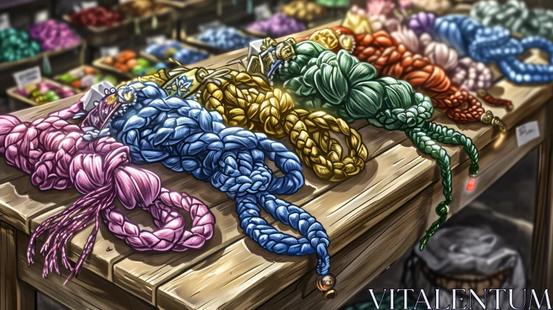 Enchanting Digital Painting of Wooden Table with Braids AI Image