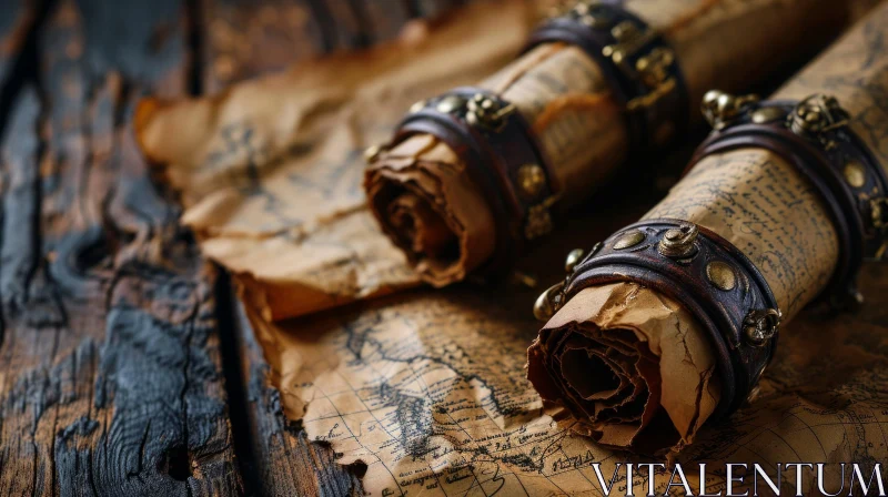 AI ART Enchanting Fantasy World: Old Scrolls on Wooden Table