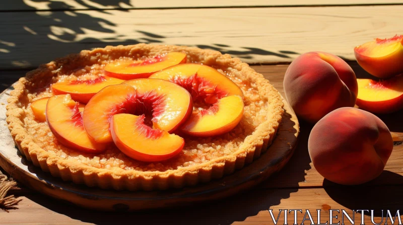 Golden Peach Pie on Wooden Table AI Image
