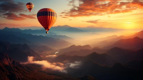 Golden Sunrise Mountain Landscape with Hot Air Balloons