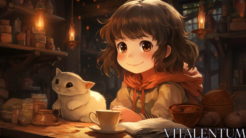 AI ART Peaceful Scene: Girl with Teacup and Cat