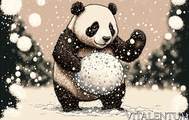 AI ART Playful Panda Bear in the Snow with an Oversized Ball