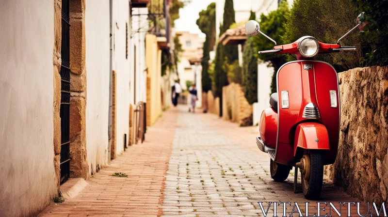 Red Vintage Scooter on Narrow Street AI Image