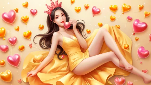 Romantic Image of a Beautiful Young Woman with Heart-Shaped Balloons