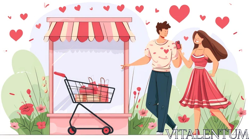 Valentine's Day Shopping: A Joyful Young Couple's Adventure AI Image