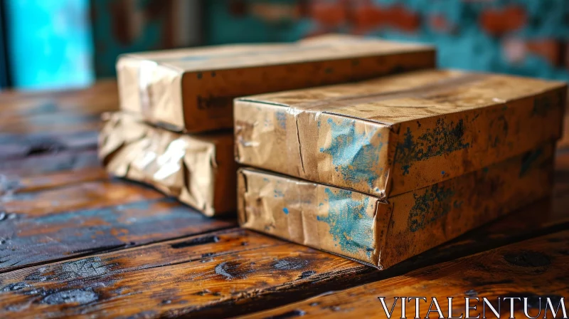 Vintage Cardboard Boxes on Wooden Table | Rustic Composition AI Image