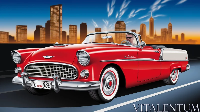 Vintage Red Convertible Car with Man Driving in Cityscape AI Image