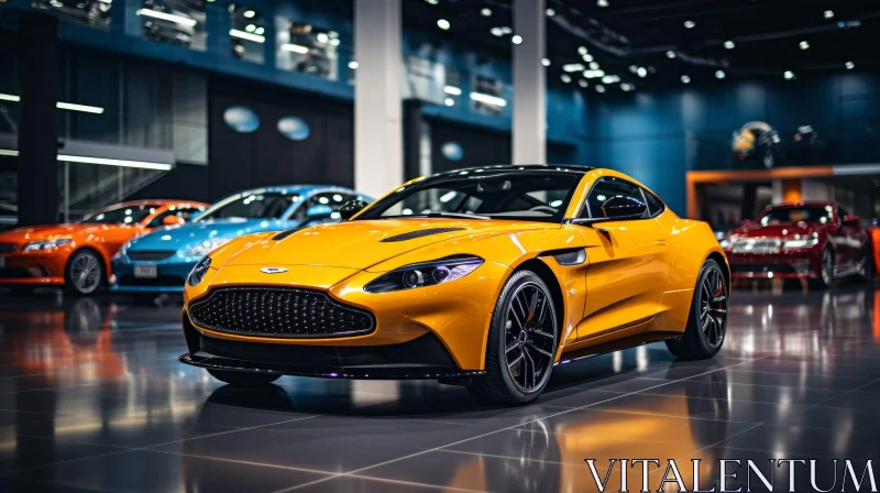 Yellow Aston Martin Vantage AMR Sports Car in Showroom AI Image