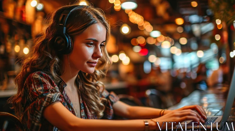 Young Woman Working in a Cafe with Laptop and Headphones AI Image