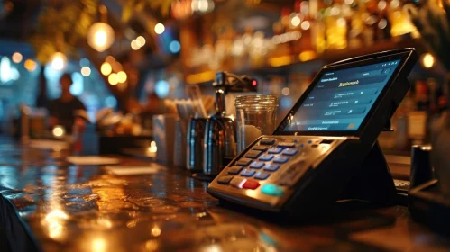 Black Payment Terminal on Wooden Bar Counter with List Display