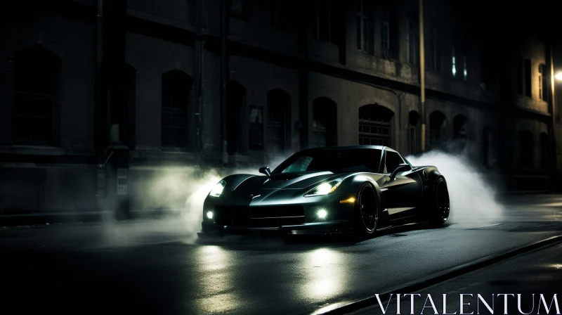 Black Sports Car Racing Through Night Streets AI Image