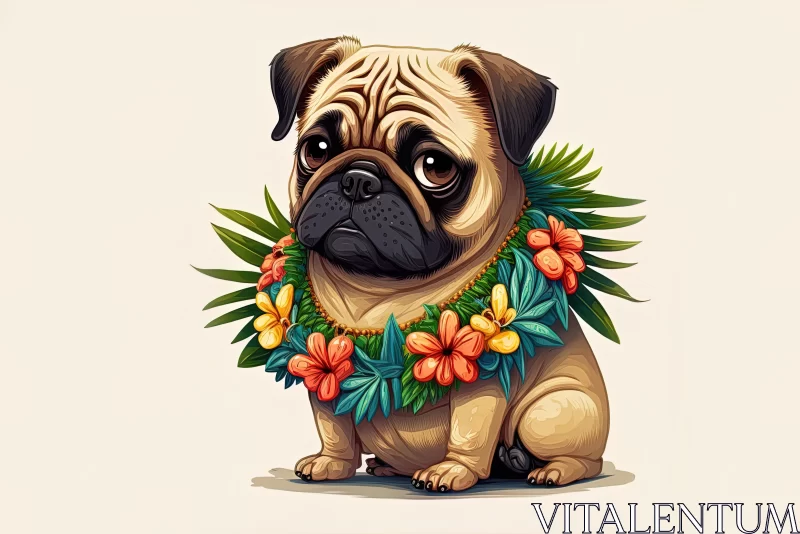 Charming Hawaiian Pug Dog Illustration with Flowers AI Image