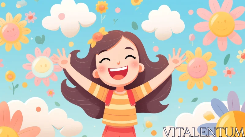 Cheerful Girl in Cartoon Style with Flowers AI Image