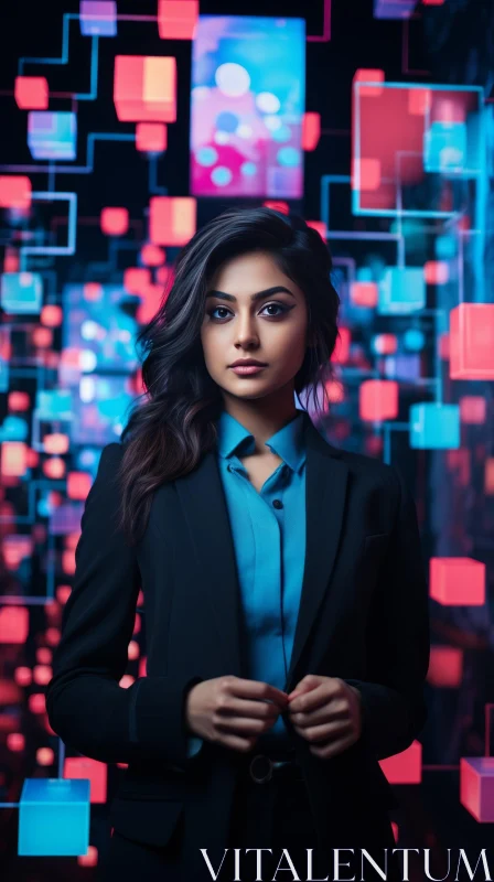 Confident Indian Business Woman in Blue Shirt and Black Suit Jacket AI Image