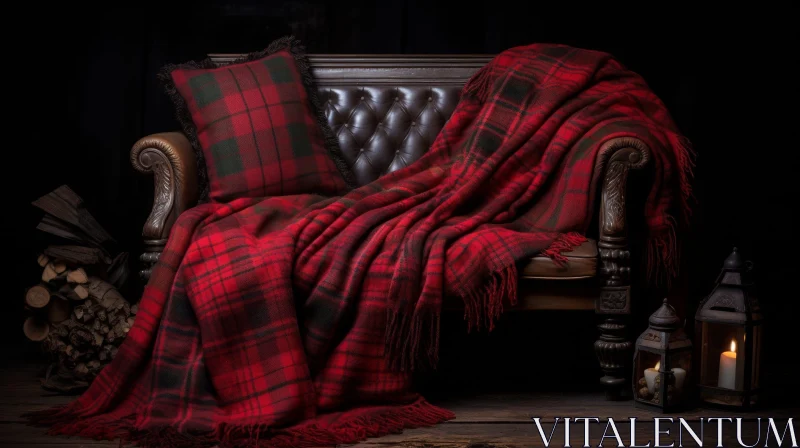 AI ART Cozy Interior Still Life with Red Tartan Blanket and Leather Couch
