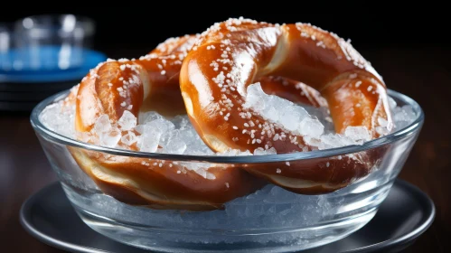 Delicious Pretzel in Glass Bowl on Dark Background