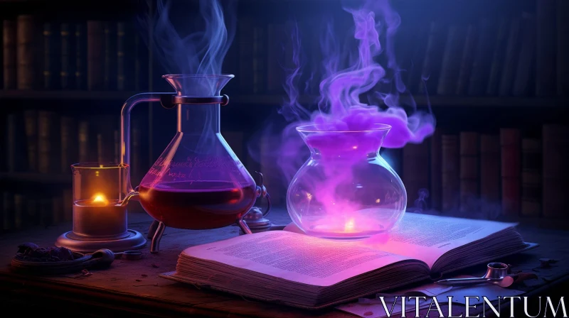 Enigmatic Laboratory with Strange Symbols and Purple Smoke AI Image