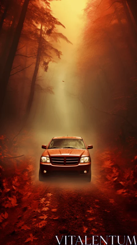 Enigmatic Red Car in Misty Forest | Luxurious Auto Body Works AI Image