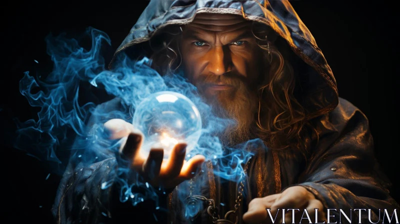 Enigmatic Wizard Portrait with Glowing Blue Orb AI Image