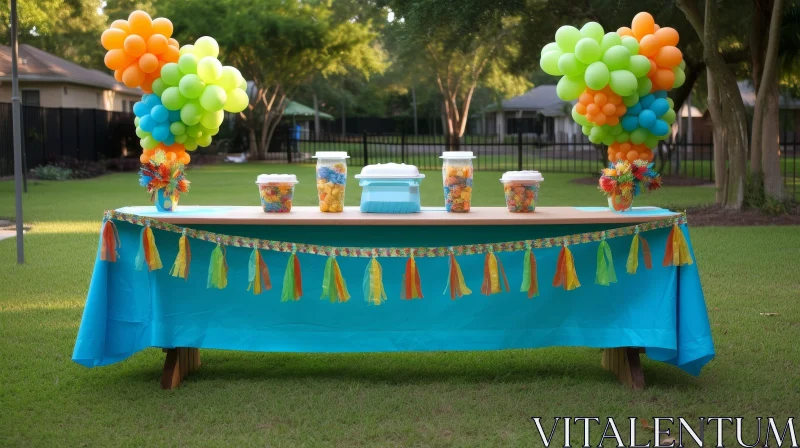 Festive Backyard Party Table Setup AI Image