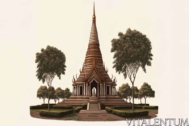 Intricate Temple Drawing on Wooden Base | Thai Art Style AI Image