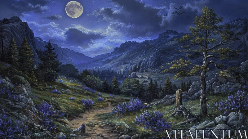 Moonlit Mountain Valley Landscape Painting AI Image