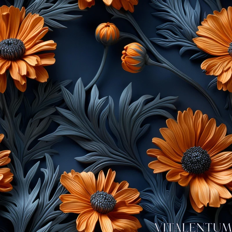 Orange Daisies on Dark Blue Seamless Floral Pattern AI Image