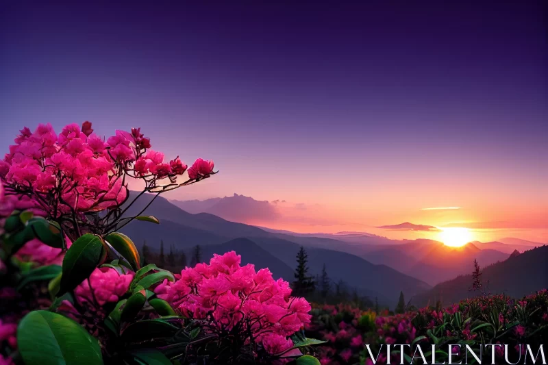 Pink Flowers in the Mountains at Sunrise - A Breathtaking Natural Scene AI Image