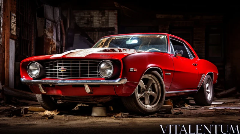 Red Chevrolet Camaro in Abandoned Building - Mystery and Intrigue AI Image