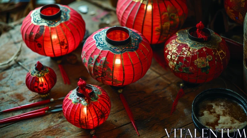 Red Chinese Lanterns Still Life on Wooden Table AI Image