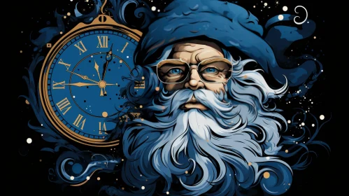 Santa Claus Digital Painting with Clock and Night Sky